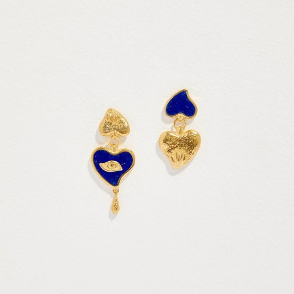 FREE SHIPPING! PAMELA LOVE - Camille Eye Earrings - 14K Gold / Lapis Blue w Box